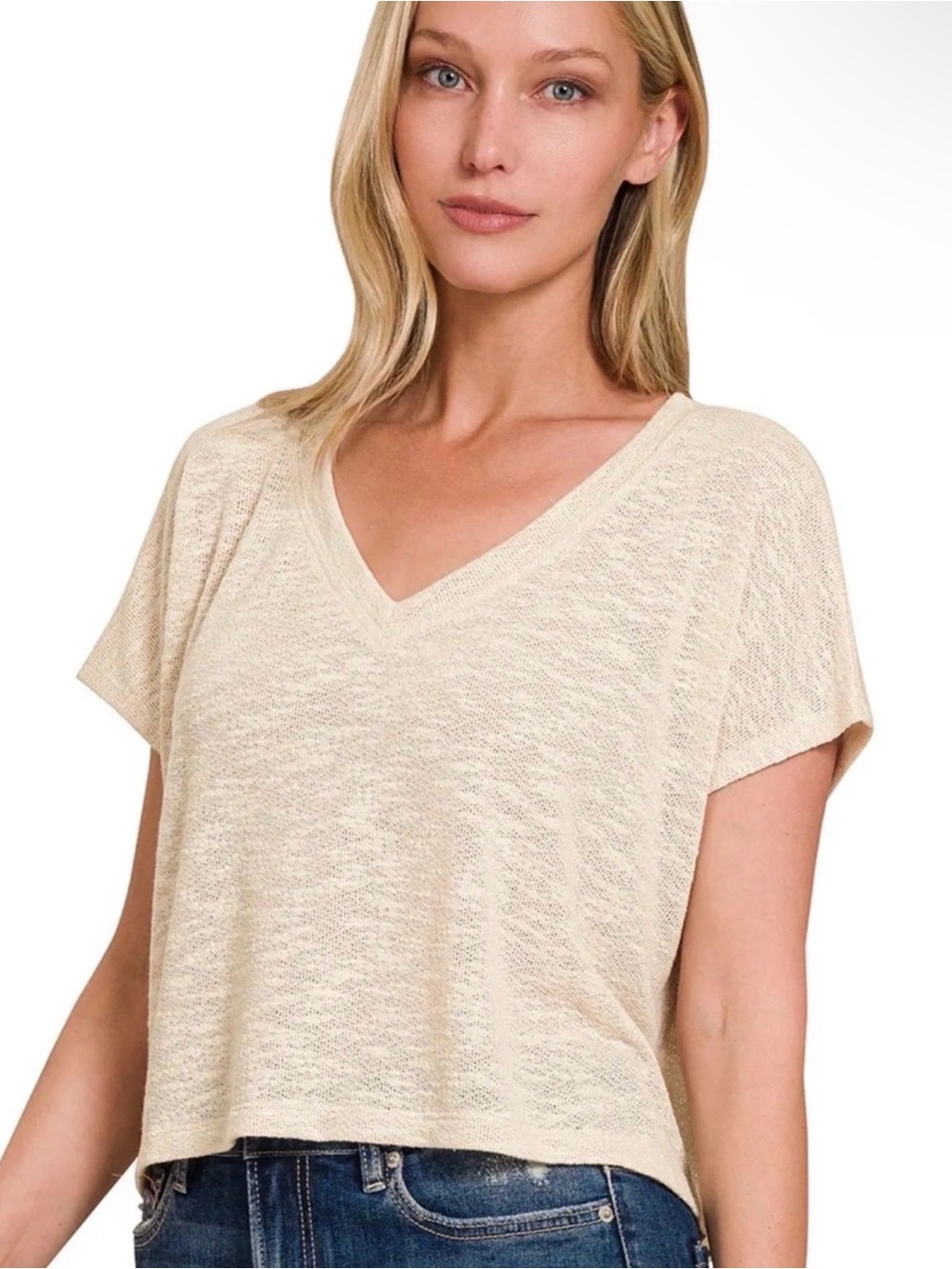 Zenana Hacci Slub V-Neck Drop Shoulder Crop Top M